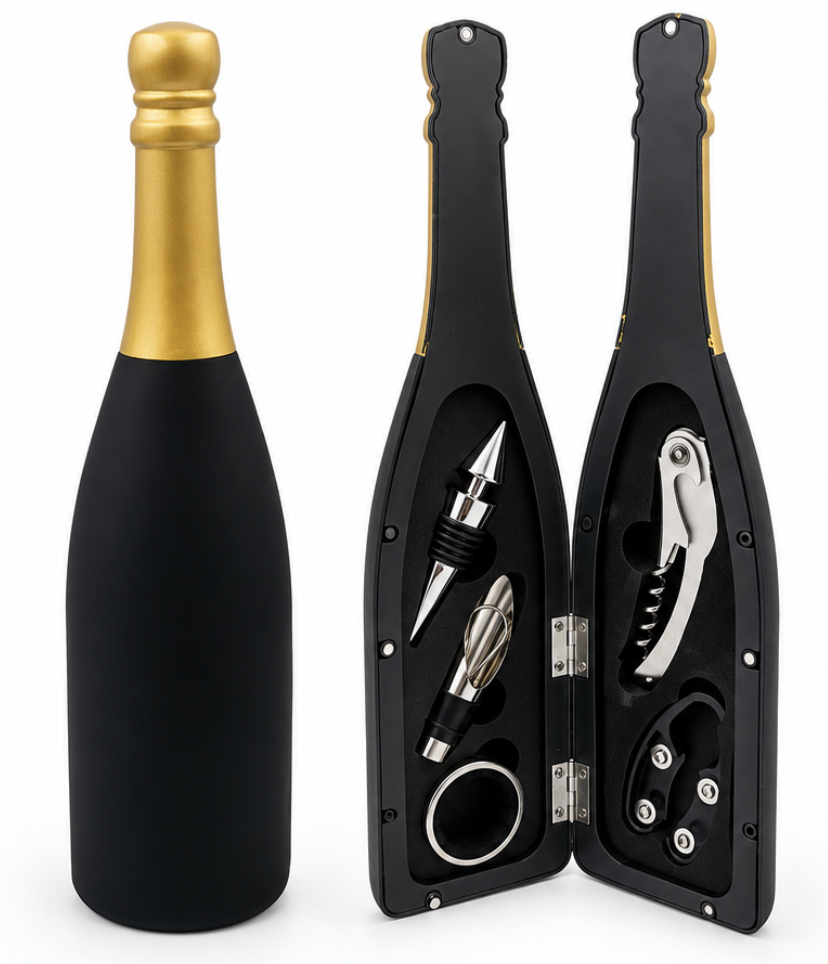 Set 5 Accesorii pentru Vin in Cutie Tip Sticla de sampanie CHAMPAGNE 32 cm